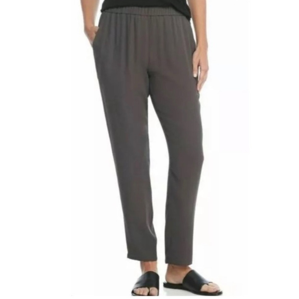 Eileen Fisher Grey 100% Silk Georgette Crepe Tapered Ankle Pants Size PL Pull On